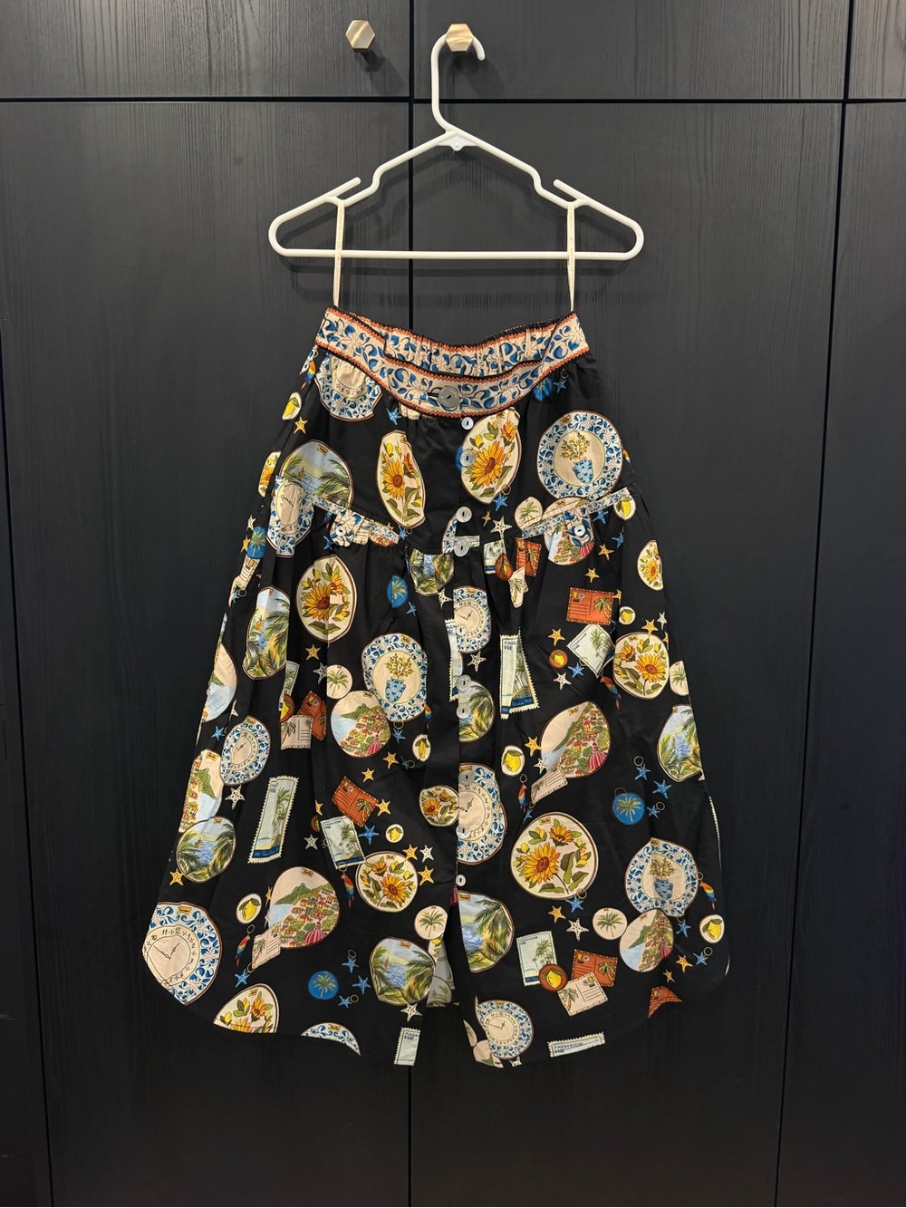 FARM Rio Black Midi Skirt with Multicolor Medallion Print